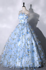 Wedding Guest, Blue Strapless Tulle Long Prom Dress, Blue A-Line Evening Party Gown