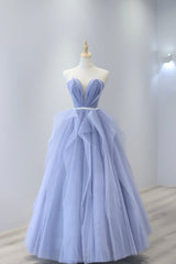Open Back Prom Dress, Blue Strapless Tulle Long Prom Dress, Lovely Sweetheart Neckline Evening Dress