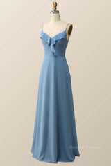 Floral Dress, Blue Straps Ruffle Chiffon Long Bridesmaid Dress