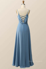 Yellow Prom Dress, Blue Straps Ruffle Chiffon Long Bridesmaid Dress
