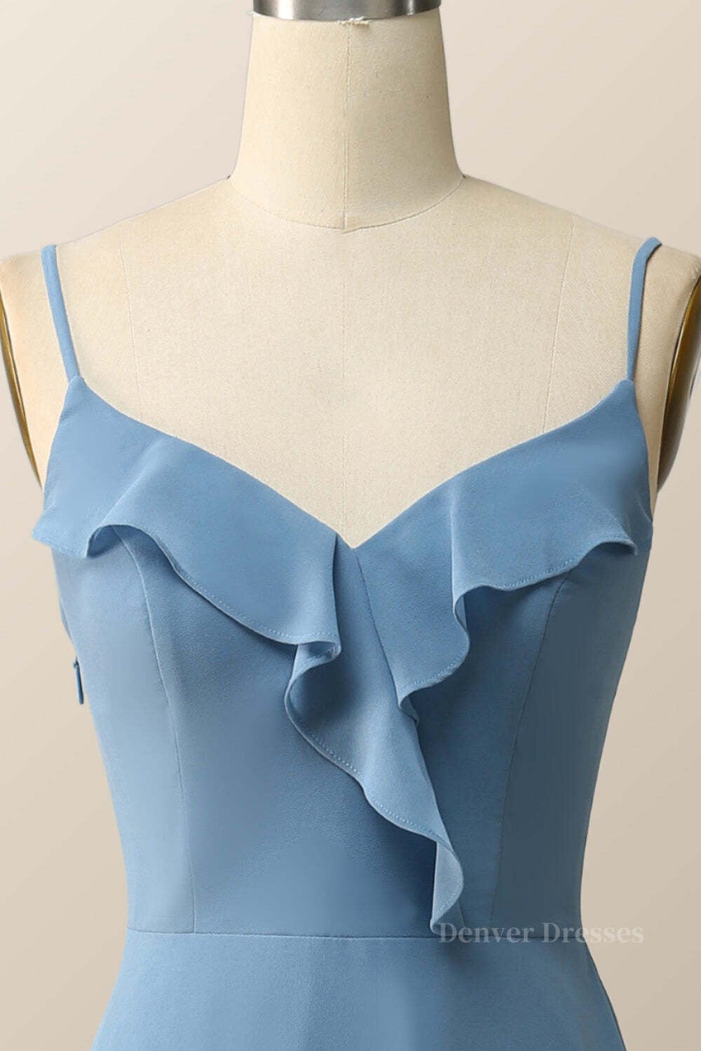 Vintage Prom Dress, Blue Straps Ruffle Chiffon Long Bridesmaid Dress
