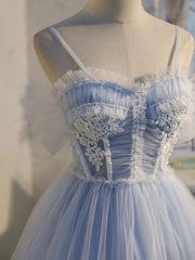 Slip Dress Outfit, Blue sweetheart neck tulle lace short prom dress blue puffy homecoming dress