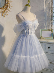 Aesthetic Dress, Blue sweetheart neck tulle lace short prom dress blue puffy homecoming dress