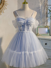 Long Sleeve Prom Dress, Blue sweetheart neck tulle lace short prom dress blue puffy homecoming dress
