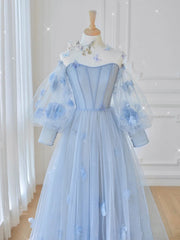 Prom Dress Casual, Blue Sweetheart Tulle 3D Flower Long Prom Dress, Blue Evening Dress