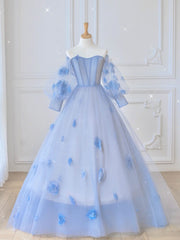 Prom Dress With Long Sleeves, Blue Sweetheart Tulle 3D Flower Long Prom Dress, Blue Evening Dress
