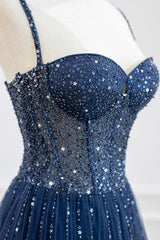 Party Dress Christmas, Blue Tulle Beaded Long Prom Dress Formal Dress, Blue Evening Dress