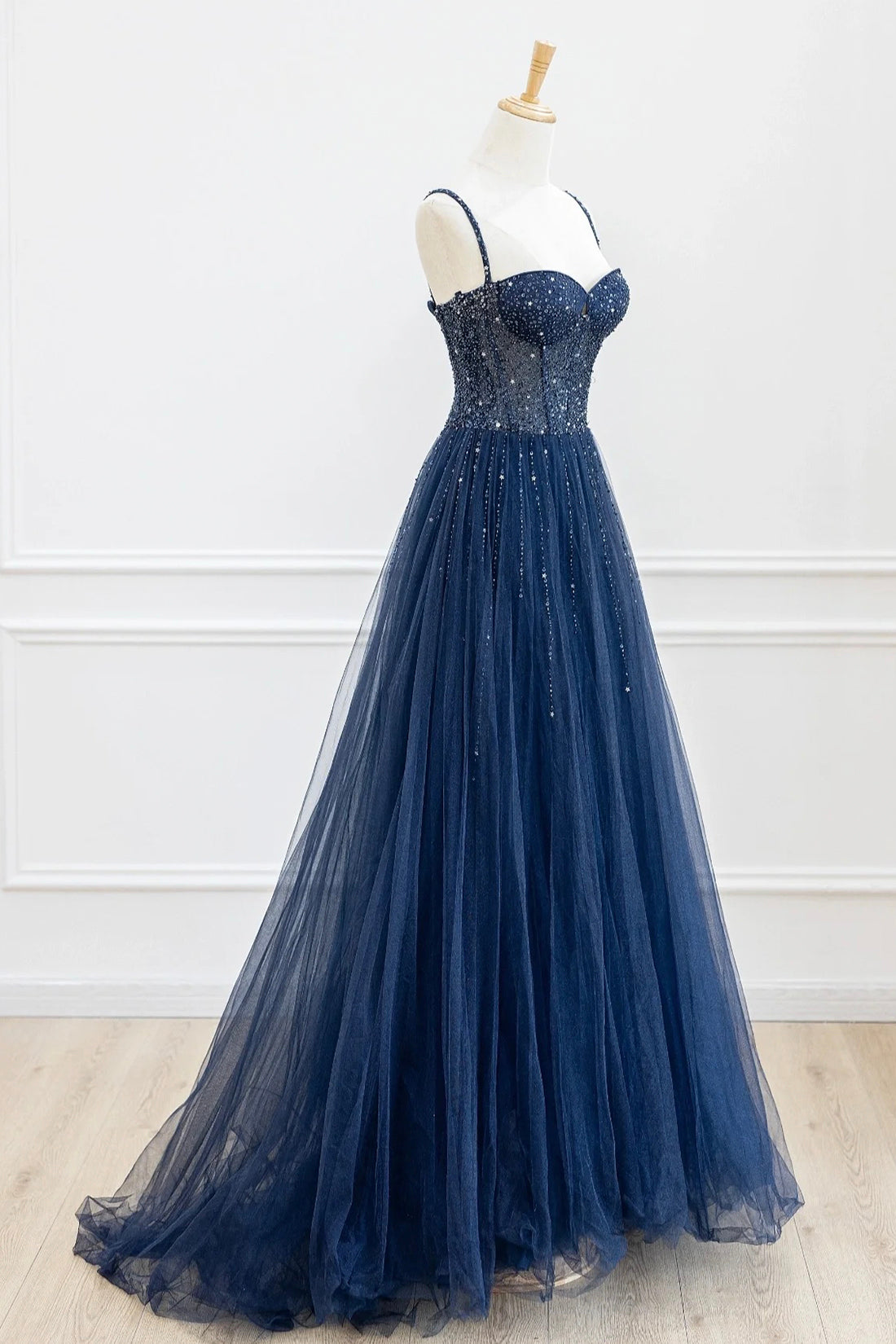 Party Dresses Pink, Blue Tulle Beaded Long Prom Dress Formal Dress, Blue Evening Dress