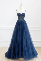 Party Dress Ideas For Winter, Blue Tulle Beaded Long Prom Dress Formal Dress, Blue Evening Dress