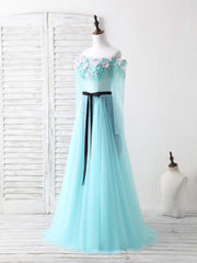 Formal Wedding Guest Dress, Blue Tulle Beads Long Prom Dress Blue Beads Evening Dress
