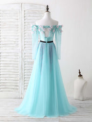 Trendy Dress Outfit, Blue Tulle Beads Long Prom Dress Blue Beads Evening Dress