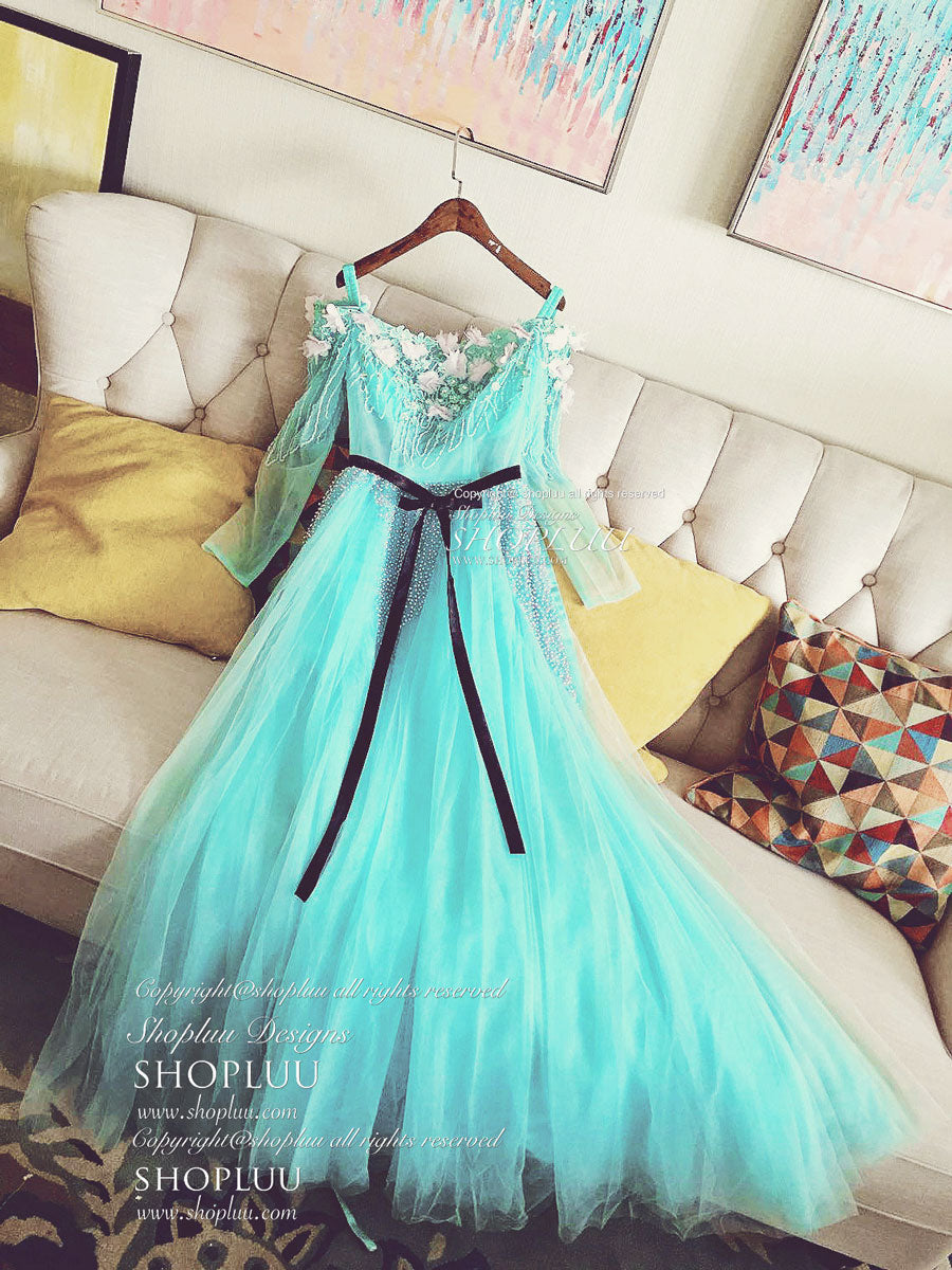 Party Dresses With Boots, Blue Tulle Beads Long Prom Dress Blue Beads Evening Dress