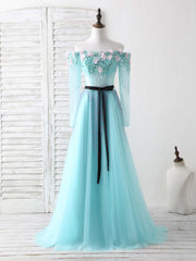 Off Shoulder Dress, Blue Tulle Beads Long Prom Dress Blue Beads Evening Dress