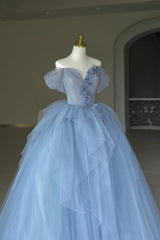 Wedding Inspo, Blue Tulle Floor Length Prom Dress, Off the Shoulder Evening Dress with 3D Flowers