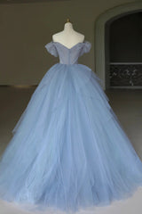 Spring Wedding, Blue Tulle Floor Length Prom Dress, Off the Shoulder Evening Dress with 3D Flowers