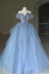 Wedding Photo Ideas, Blue Tulle Floor Length Prom Dress, Off the Shoulder Evening Dress with 3D Flowers