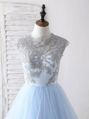 Night Club Outfit, Blue Tulle Lace Applique Long Prom Dress Blue Tulle Sweet 16 Dress