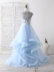 Prom Aesthetic, Blue Tulle Lace Applique Long Prom Dress Blue Tulle Sweet 16 Dress