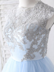 Design Dress Casual, Blue Tulle Lace Applique Long Prom Dress Blue Tulle Sweet 16 Dress