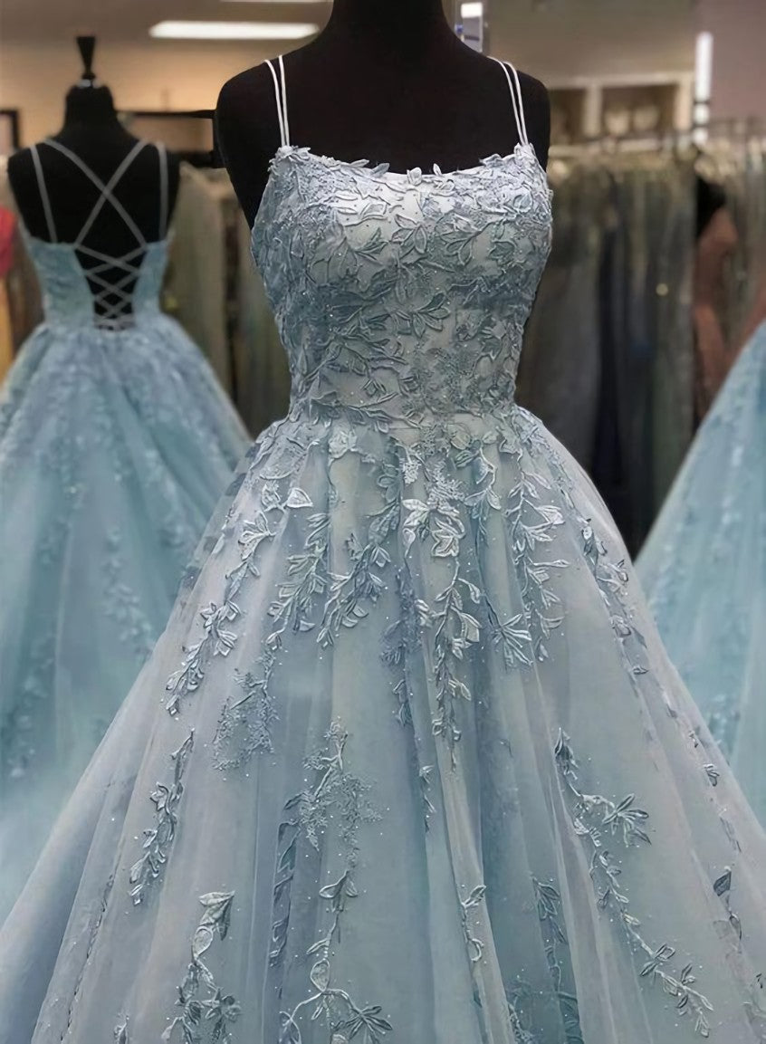 Party Dress Fashion, Blue tulle lace long prom dress, blue evening dresses