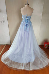 Prom Dresses 2022 Blue, Blue Tulle Lace Long Prom Dress, Blue Strapless Evening Dress with Slit