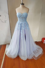 Prom Dresse Backless, Blue Tulle Lace Long Prom Dress, Blue Strapless Evening Dress with Slit