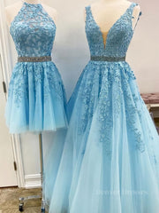 Prom Dress Aesthetic, Blue Tulle Lace Prom Dresses, Blue Tulle Lace Formal Evening Dresses