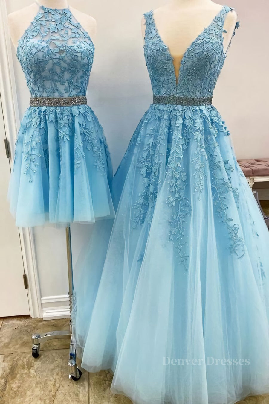 Prom Dresses Aesthetic, Blue Tulle Lace Prom Dresses, Blue Tulle Lace Formal Evening Dresses