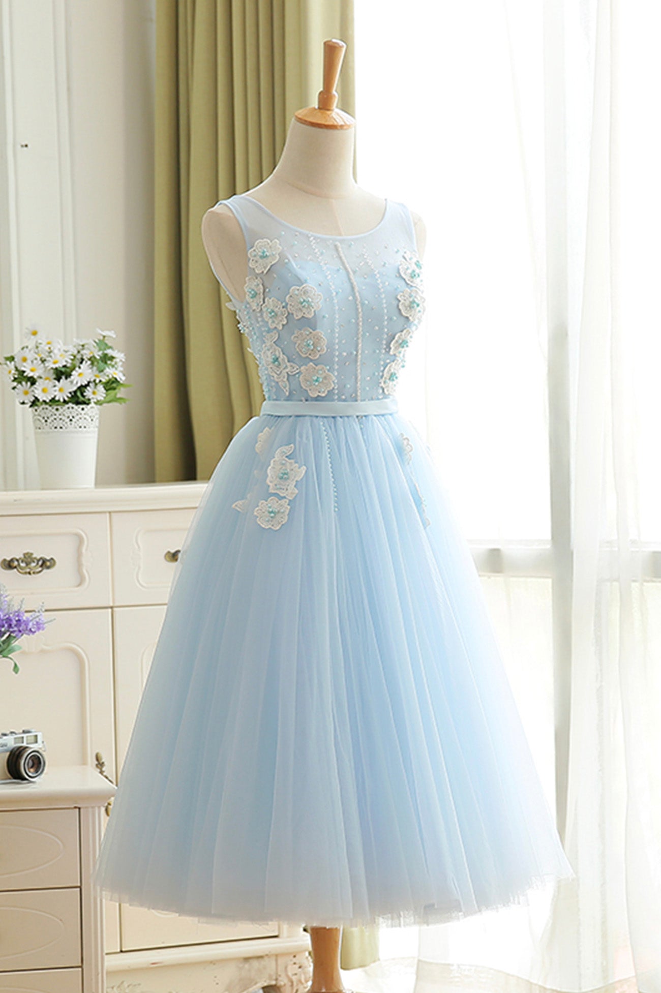 Dream Wedding, Blue Tulle Lace Short Prom Dress, A-Line Homecoming Party Dress