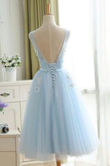 Bridesmaids Dress Modest, Blue Tulle Lace Short Prom Dress, A-Line Homecoming Party Dress
