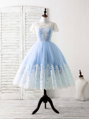Party Dress Bling, Blue Tulle Lace Short Prom Dress Blue Bridesmaid Dress