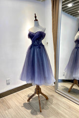 Bridal Dress, Blue Tulle Lace Short Prom Dress, Off the Shoulder Evening Party Dress