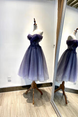 Prom Gown, Blue Tulle Lace Short Prom Dress, Off the Shoulder Evening Party Dress