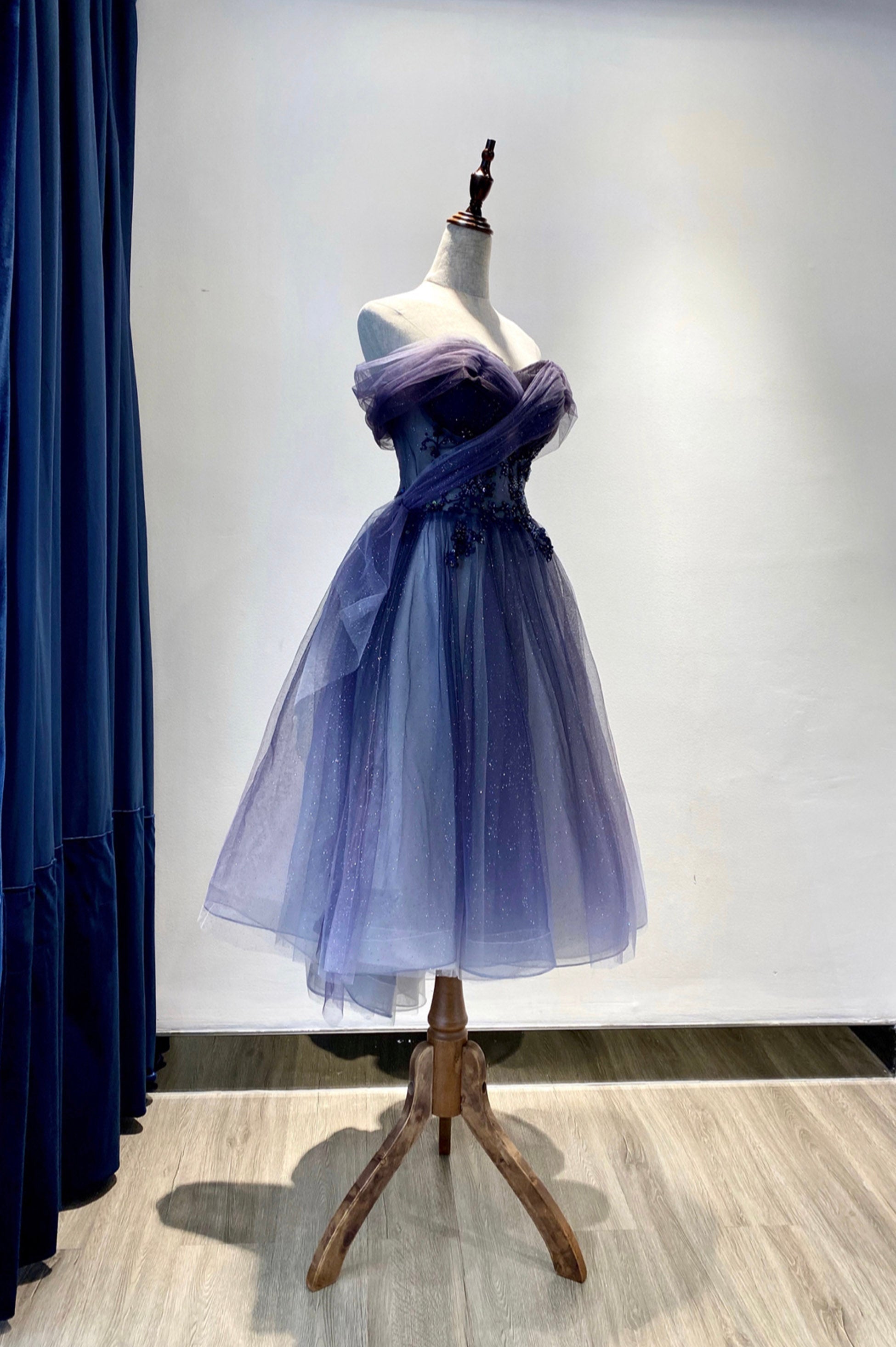Flower Dress, Blue Tulle Lace Short Prom Dress, Off the Shoulder Evening Party Dress
