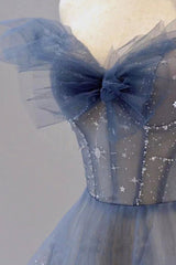 Party Dress Night, Blue Tulle Long A-Line Prom Dress