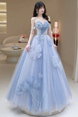 Party Dresses Vintage, Blue Tulle Long A-Line Prom Dress Party Dress, Blue Evening Dress