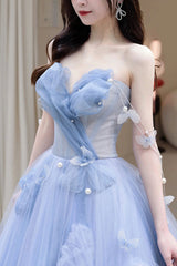 Party Dress Vintage, Blue Tulle Long A-Line Prom Dress Party Dress, Blue Evening Dress