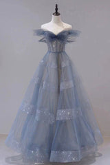 Party Dress Short, Blue Tulle Long A-Line Prom Dress
