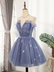 Prom Dress 2024, Blue Tulle Sequin Short Prom Dress, Puffy Blue Homecoming Dress
