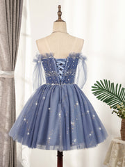 Prom Dresses Off The Shoulder, Blue Tulle Sequin Short Prom Dress, Puffy Blue Homecoming Dress