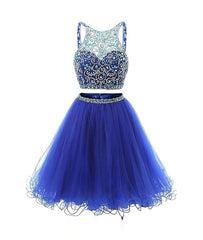 Prom Dresses Princess, Blue two pieces tulle sequin beads short prom dress, blue homecoming