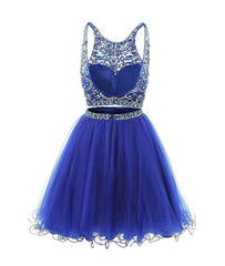 Prom Dress Inspo, Blue two pieces tulle sequin beads short prom dress, blue homecoming