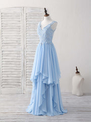 Prom Pictures, Blue V Neck Applique Chiffon Long Prom Dress Lace Bridesmaid Dress