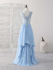 11 Th Grade Dance Dress, Blue V Neck Applique Chiffon Long Prom Dress Lace Bridesmaid Dress