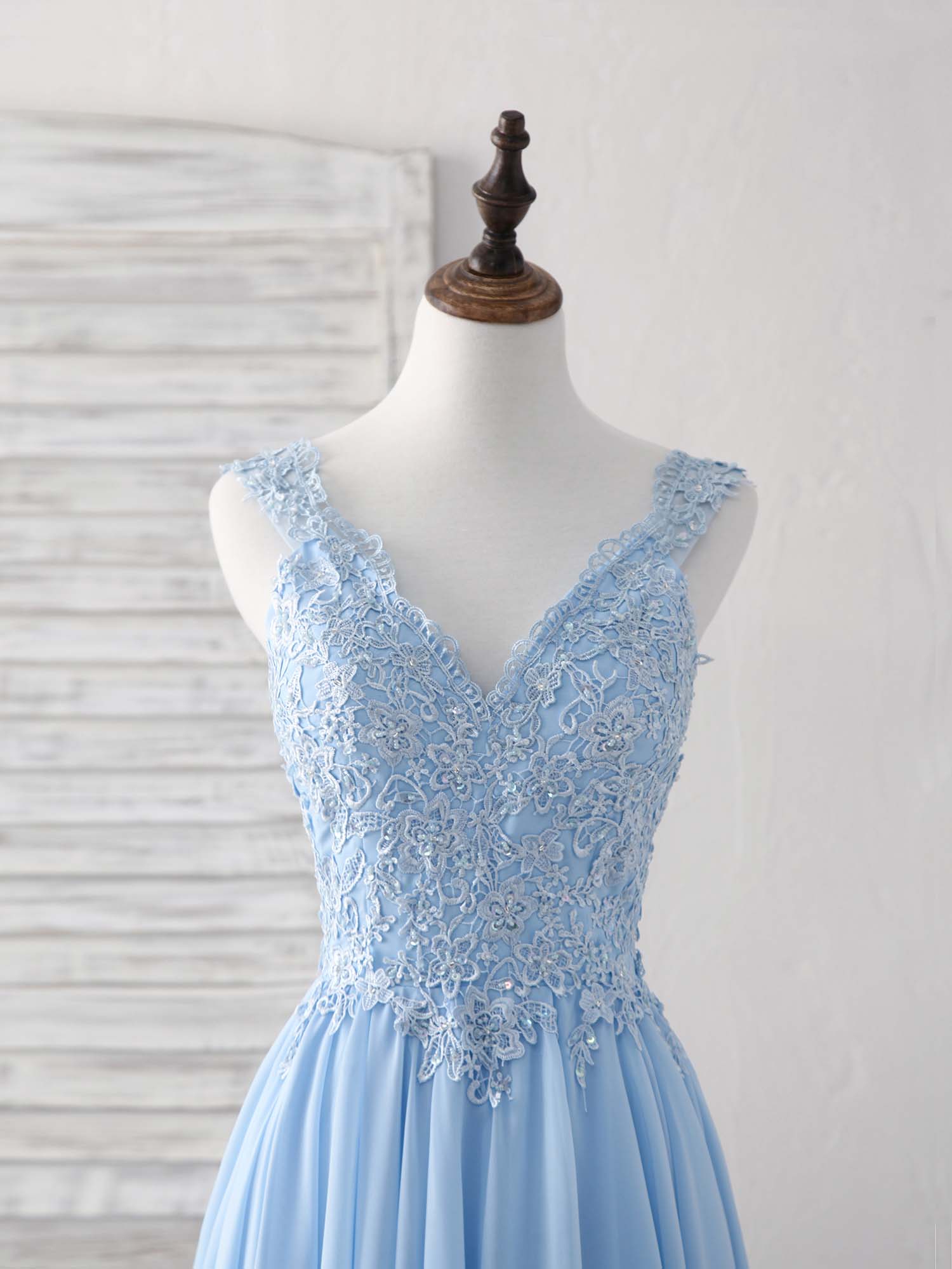 Pink Formal Dress, Blue V Neck Applique Chiffon Long Prom Dress Lace Bridesmaid Dress