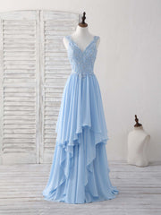 Open Back Prom Dress, Blue V Neck Applique Chiffon Long Prom Dress Lace Bridesmaid Dress