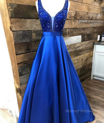 Prom Dress Spring, Blue v neck beads satin long prom dress, blue evening dress