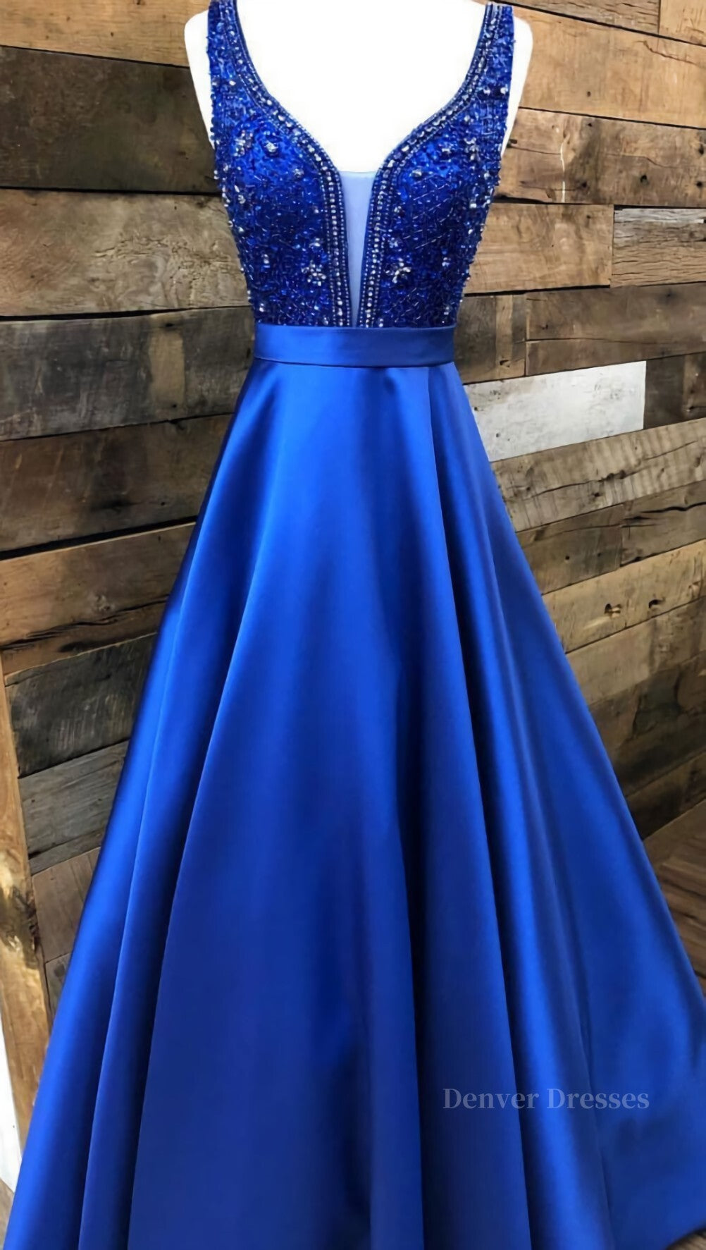 Prom Dress A Line, Blue v neck beads satin long prom dress, blue evening dress