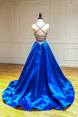 Party Dress Long Sleeve, Blue V-Neck Satin Long Evening Dress, A-Line Backless Prom Dress