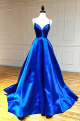 Party Dress Indian, Blue V-Neck Satin Long Evening Dress, A-Line Backless Prom Dress